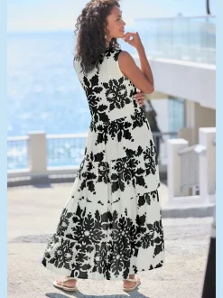 Robe longue col v à bordure avec motifs floraux