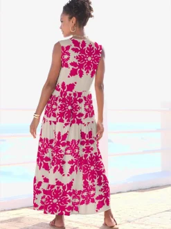 Robe longue col v à bordure avec motifs floraux
