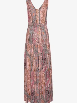 Robe longue col V devant et au dos avec taille élastiquée et jupe volantée