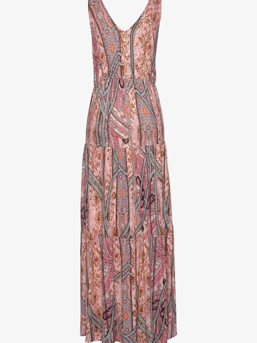 Robe longue col V devant et au dos avec taille élastiquée et jupe volantée