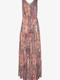 Robe longue col V devant et au dos avec taille élastiquée et jupe volantée