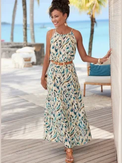 Robe longue à encolure américaine avec fente et imprimé élégant