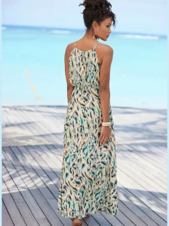 Robe longue à encolure américaine avec fente et imprimé élégant