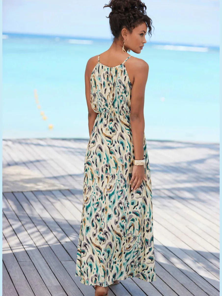 Robe longue à encolure américaine avec fente et imprimé élégant