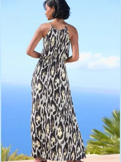 Robe longue à encolure américaine avec imprimé effet léopard