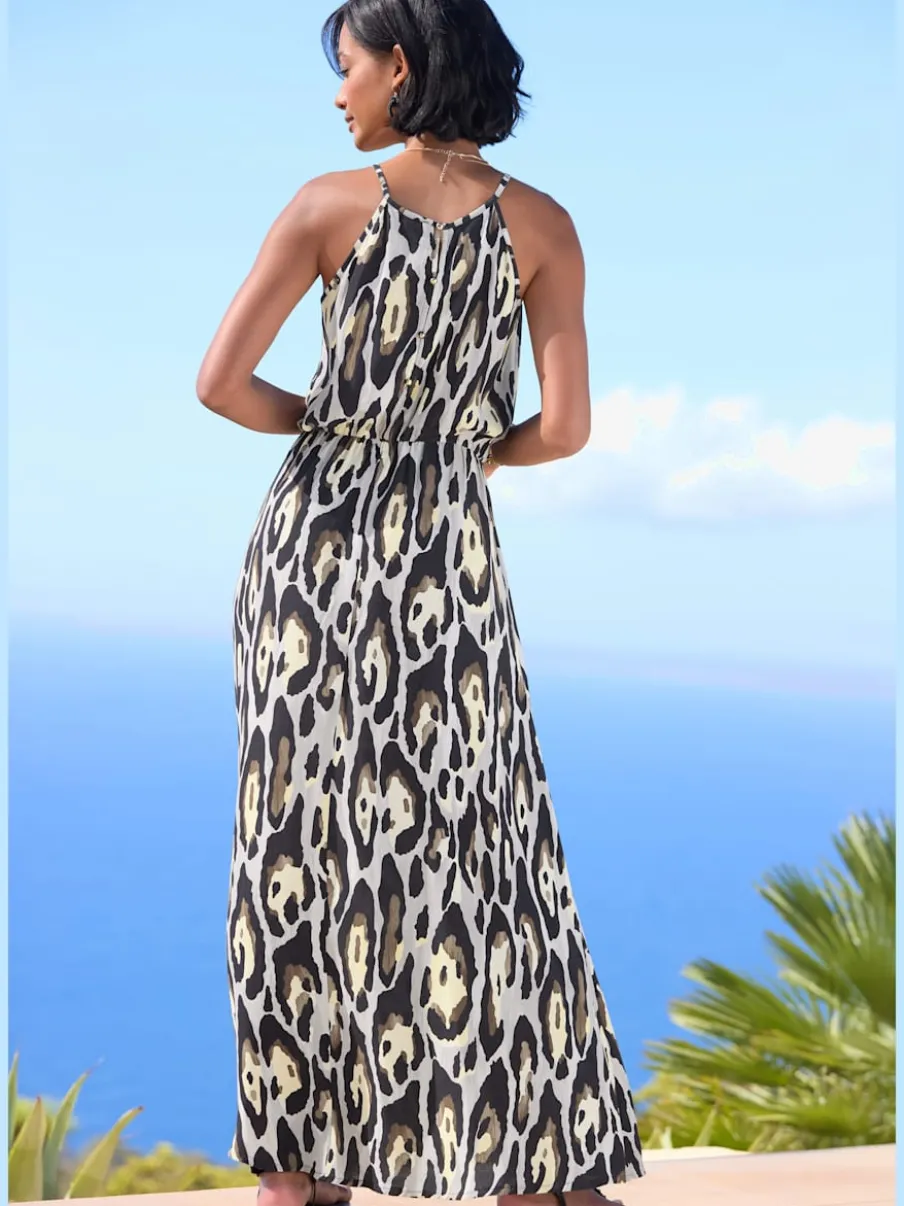 Robe longue à encolure américaine avec imprimé effet léopard