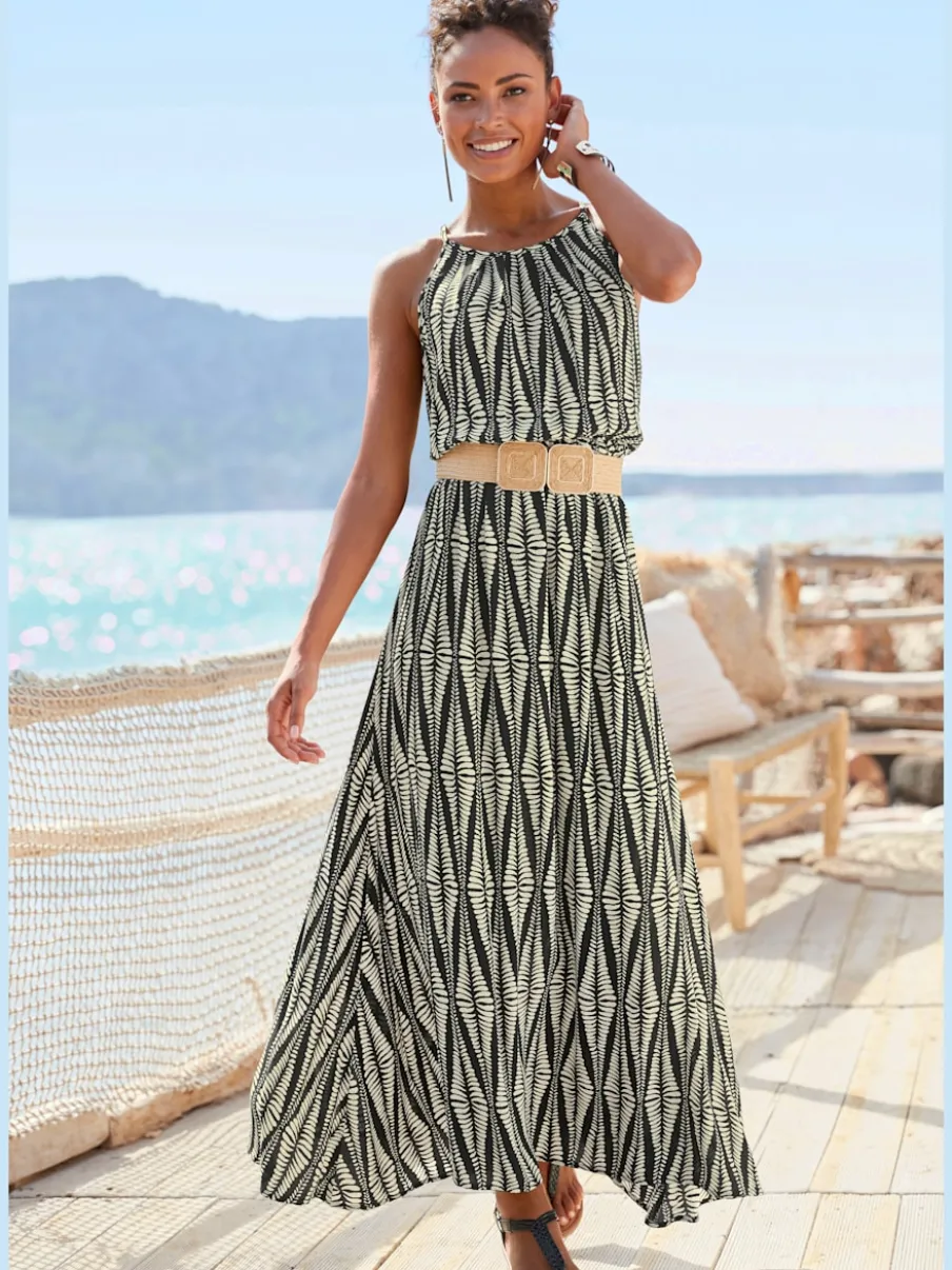 Robe longue à encolure américaine avec imprimé géométrique et taille élastiquée