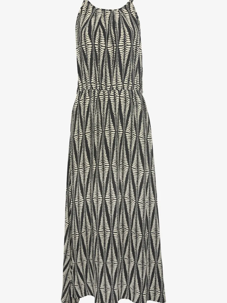 Robe longue à encolure américaine avec imprimé géométrique et taille élastiquée