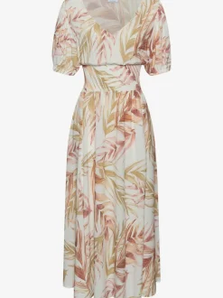 Robe longue à encolure en V avec manches courtes et imprimé tropical