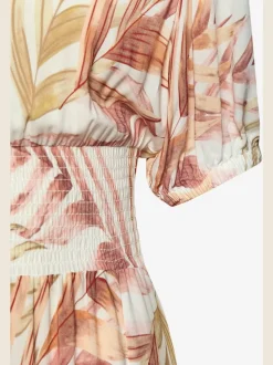 Robe longue à encolure en V avec manches courtes et imprimé tropical