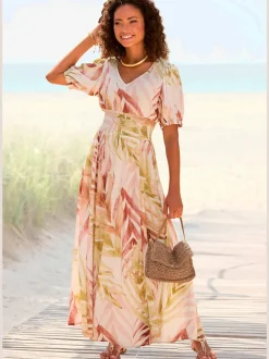 Robe longue à encolure en V avec manches courtes et imprimé tropical