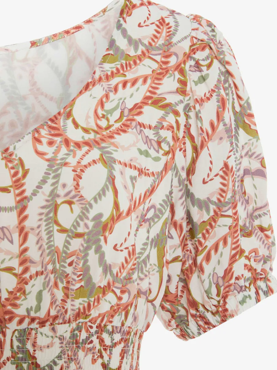 Robe longue à encolure en V avec manches bouffantes et empiècement smocké