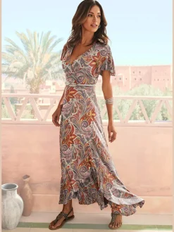 Robe longue encolure en V avec fente imprimée en jersey viscose