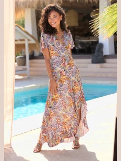 Robe longue encolure en V avec fente imprimée en jersey viscose