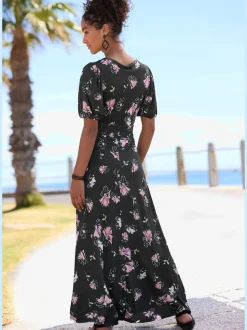 Robe longue à encolure en V et imprimé floral
