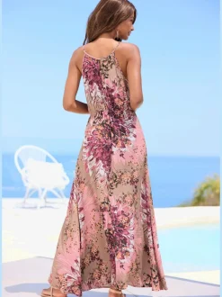 Robe longue à encolure froncée avec imprimé fleuri et taille élastiquée