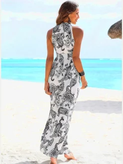 Robe longue à encolure réglable avec motifs spirales et taille smockée