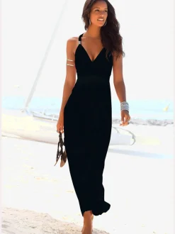 Robe longue à encolure réglable avec taille smockée et bretelles spirales