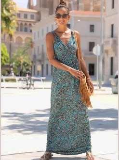 Robe longue encolure réglable à motifs géométriques et bretelles spirales