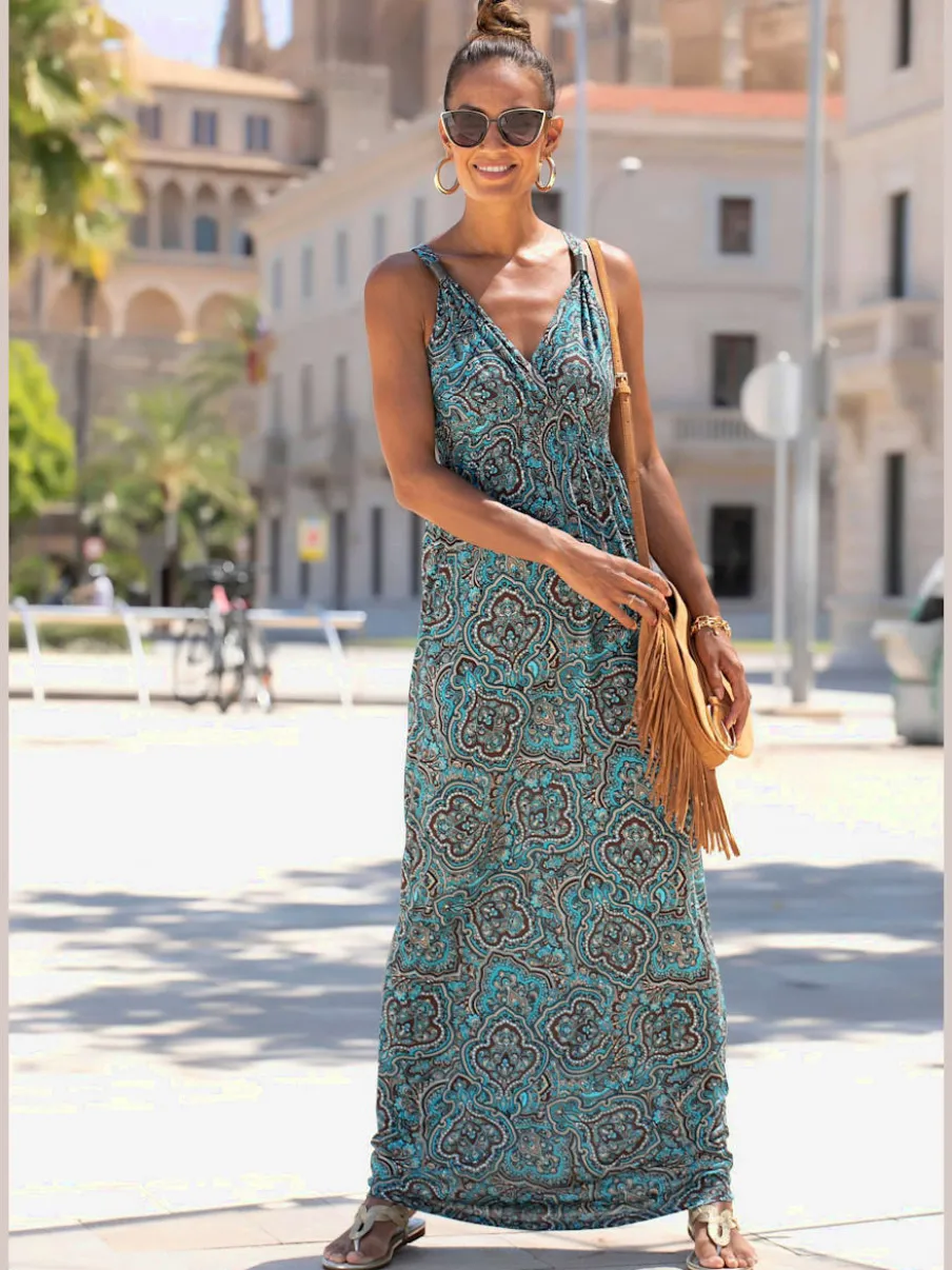 Robe longue encolure réglable à motifs géométriques et bretelles spirales