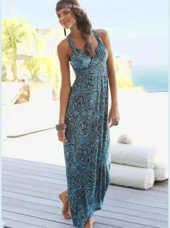 Robe longue encolure réglable à motifs géométriques et bretelles spirales