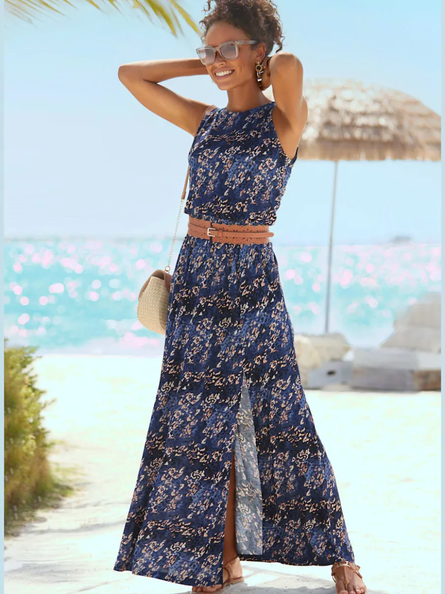 Robe longue à encolure ronde avec fente élastiquée