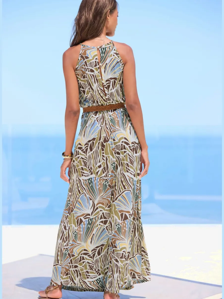 Robe longue à encolure ronde avec imprimé floral et taille élastiquée