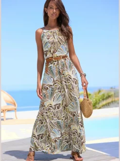 Robe longue à encolure ronde avec imprimé floral et taille élastiquée