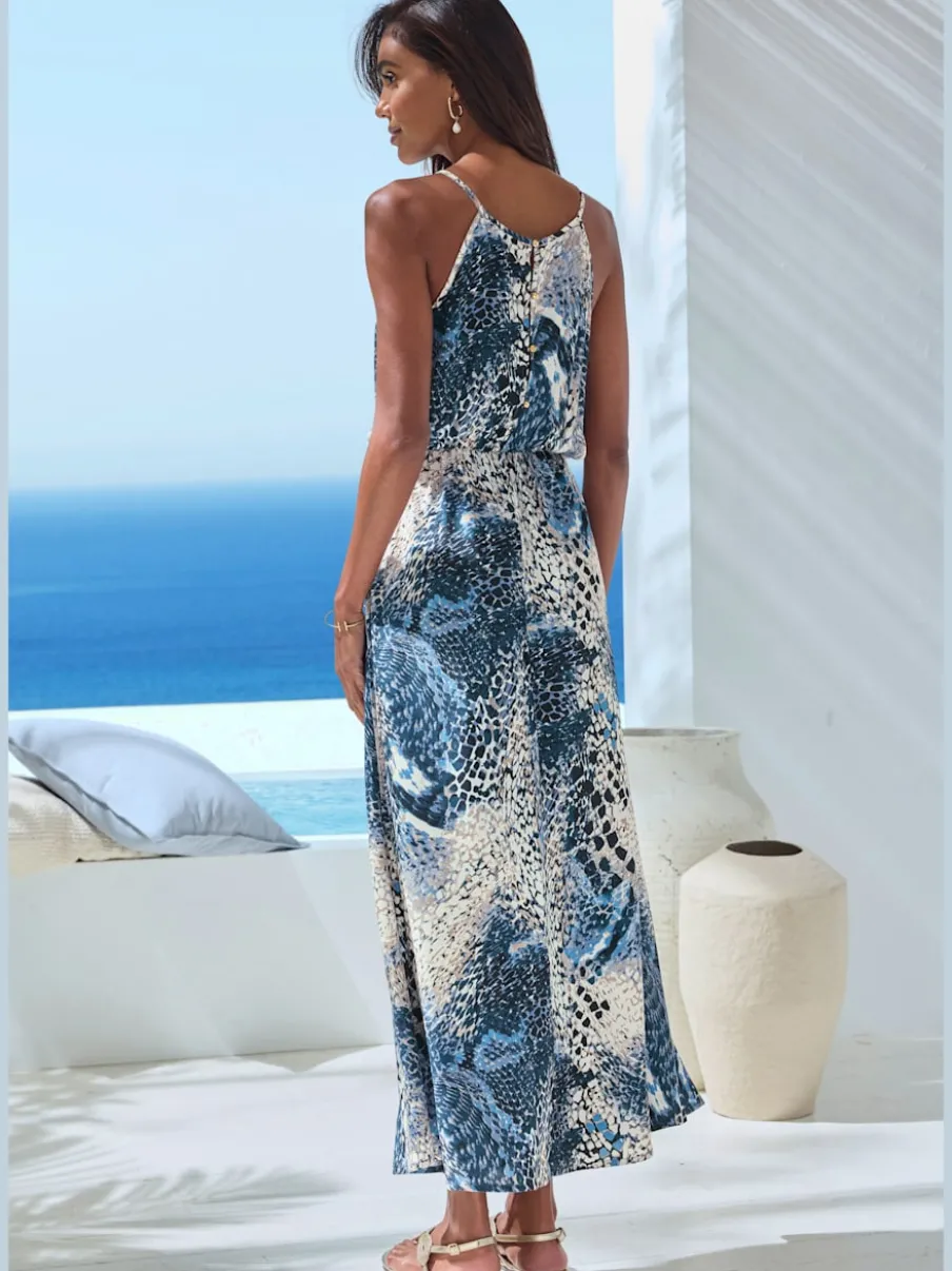 Robe longue encolure ronde avec taille élastiquée et imprimé unique