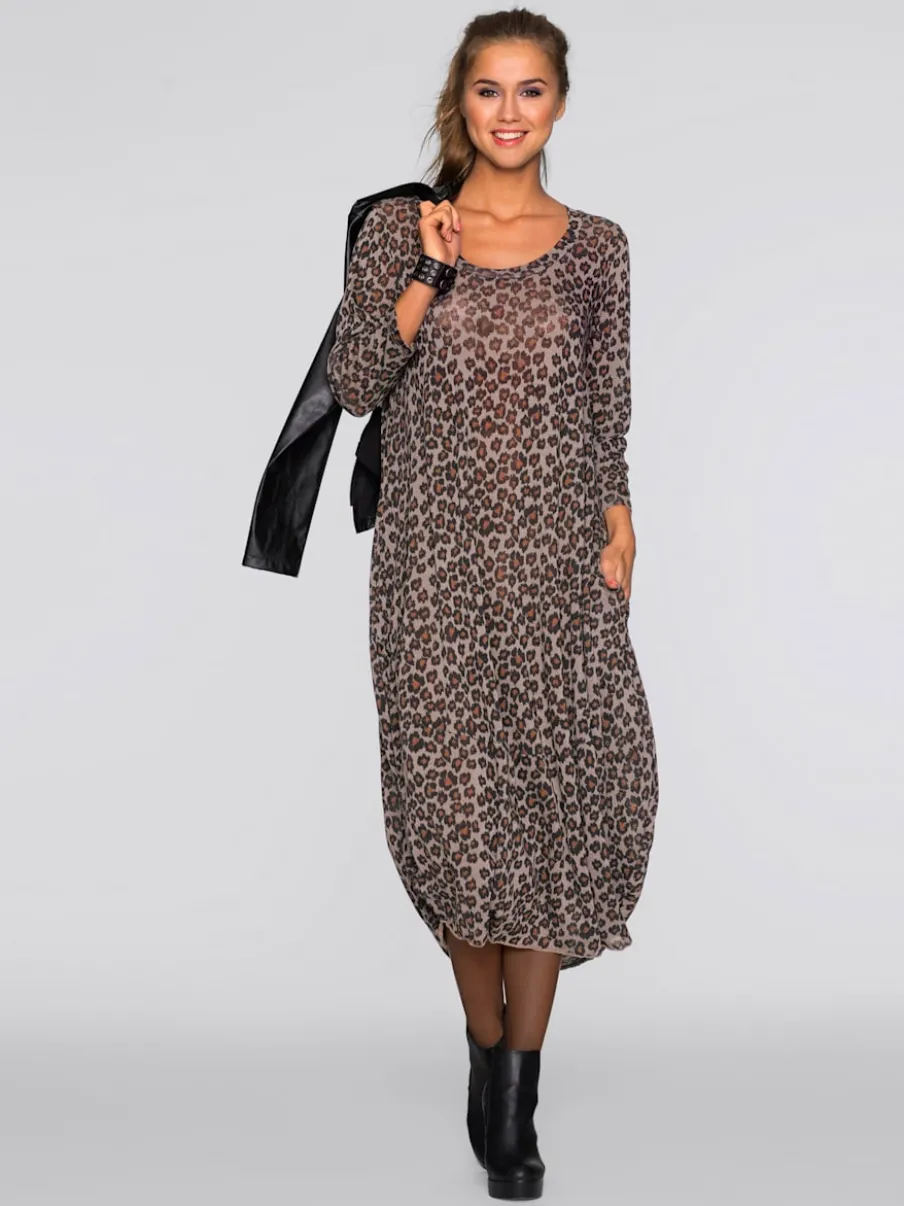 Robe longue à encolure ronde et manches 3/4 imprimée léopard
