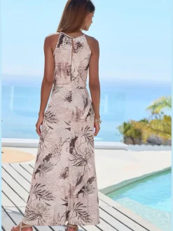 Robe longue à encolure ronde et motif floral en jersey viscose