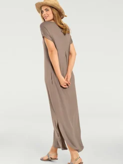 Robe longue à encolure V avec manches courtes et poches latérales