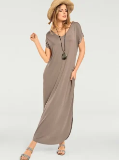 Robe longue à encolure V avec manches courtes et poches latérales