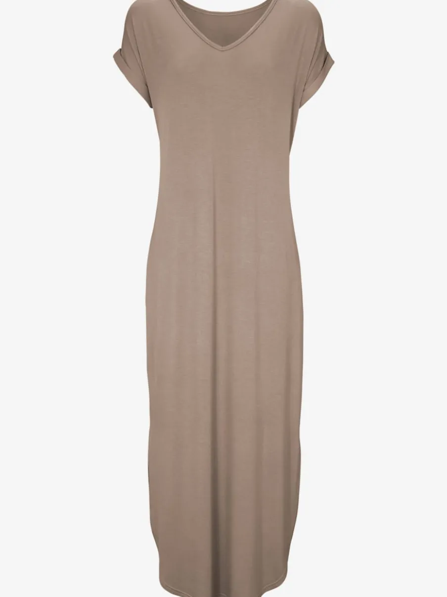 Robe longue à encolure V avec manches courtes et poches latérales