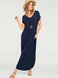 Robe longue à encolure V avec manches courtes et poches latérales