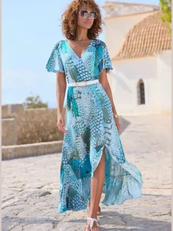 Robe longue en V avec volants et fente élégante