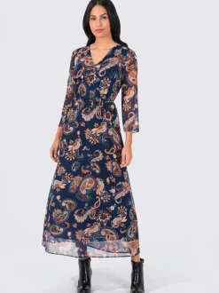 Robe longue fluide avec col en V et manches transparentes