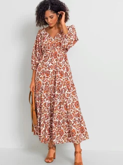 Robe longue imprimée avec encolure en V et fronces