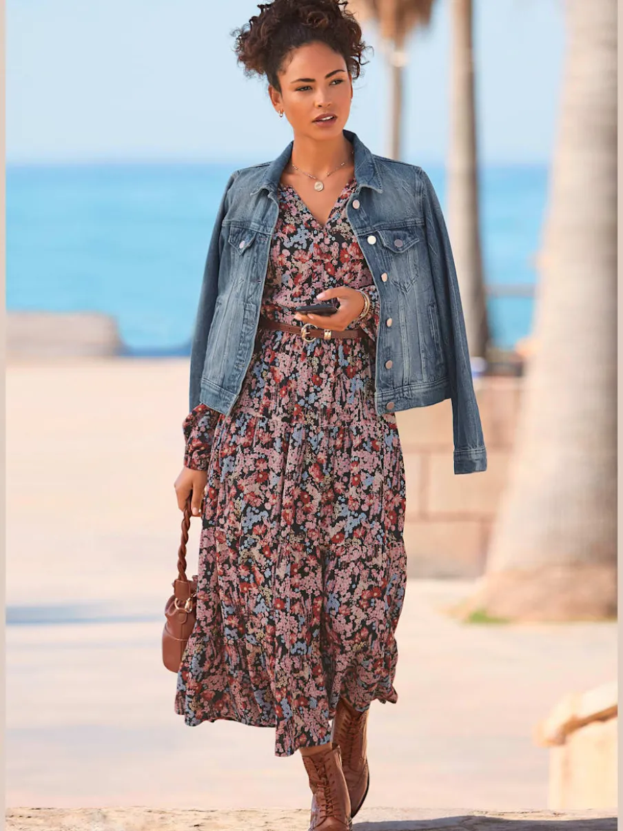 Robe longue à imprimé floral volants et manches élastiquées