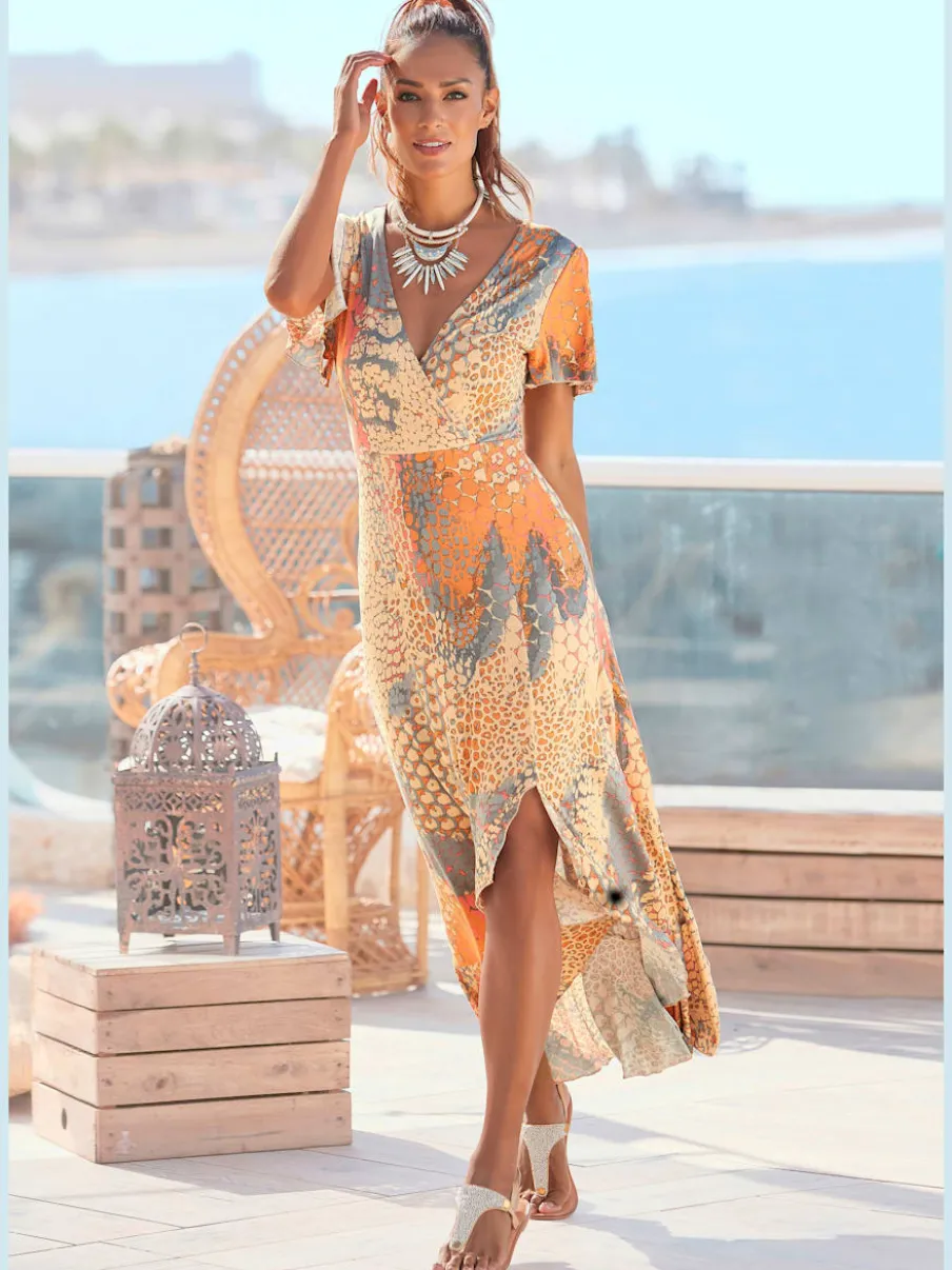 Robe longue élastiquée en V fente avant jersey