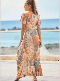 Robe longue élastiquée en V fente avant jersey