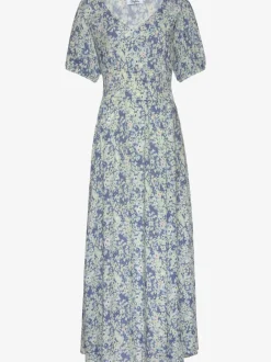 Robe longue smockée en V avec manches bouffantes
