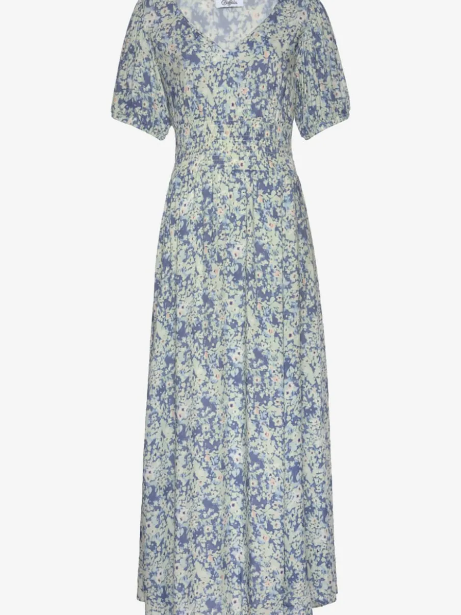 Robe longue smockée en V avec manches bouffantes