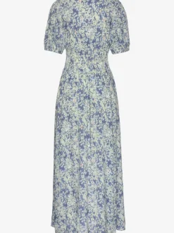 Robe longue smockée en V avec manches bouffantes
