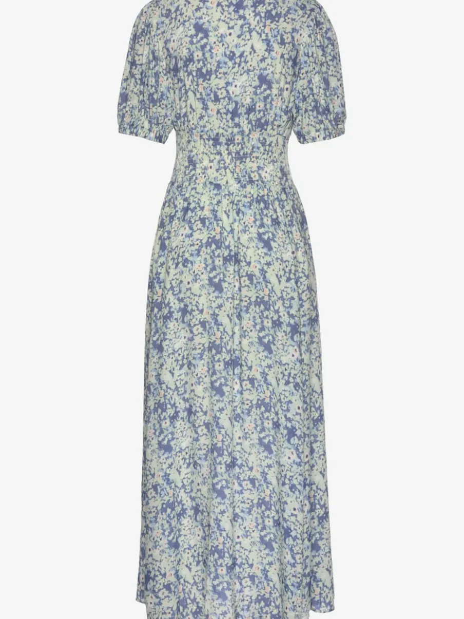 Robe longue smockée en V avec manches bouffantes