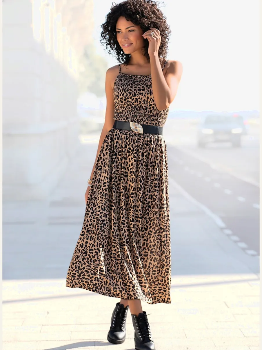 Robe midi avec bretelles et imprimé léopard doux