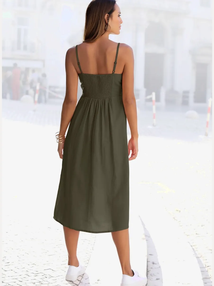 Robe midi avec empiècement smoké et boutons devant