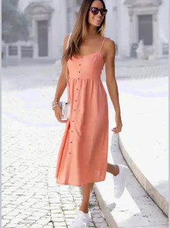 Robe midi avec empiècement smoké et boutons devant