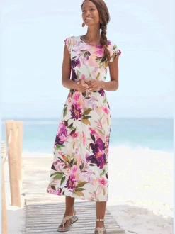 Robe midi imprimée fleurs avec manches courtes chauve-souris