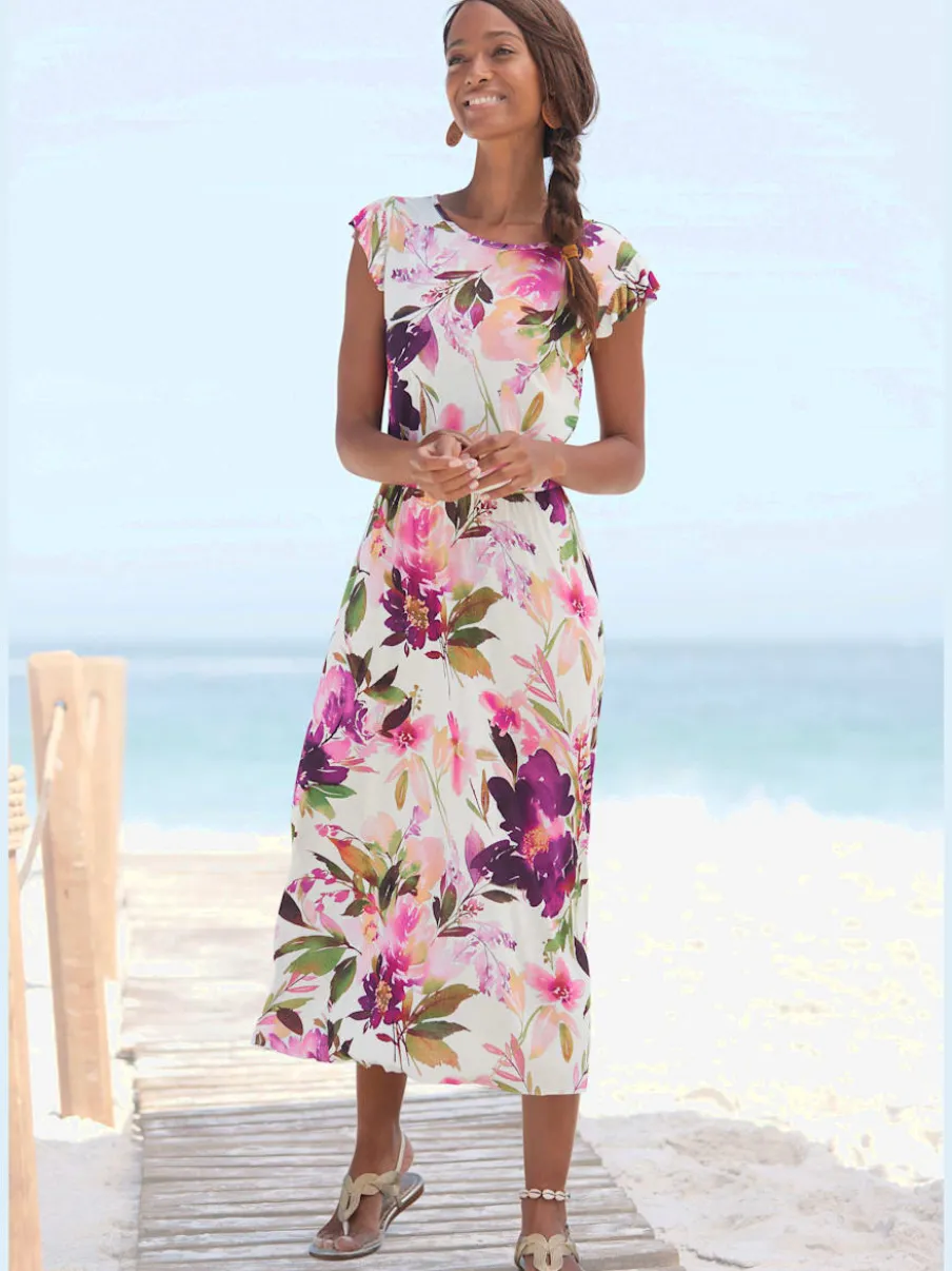 Robe midi imprimée fleurs avec manches courtes chauve-souris